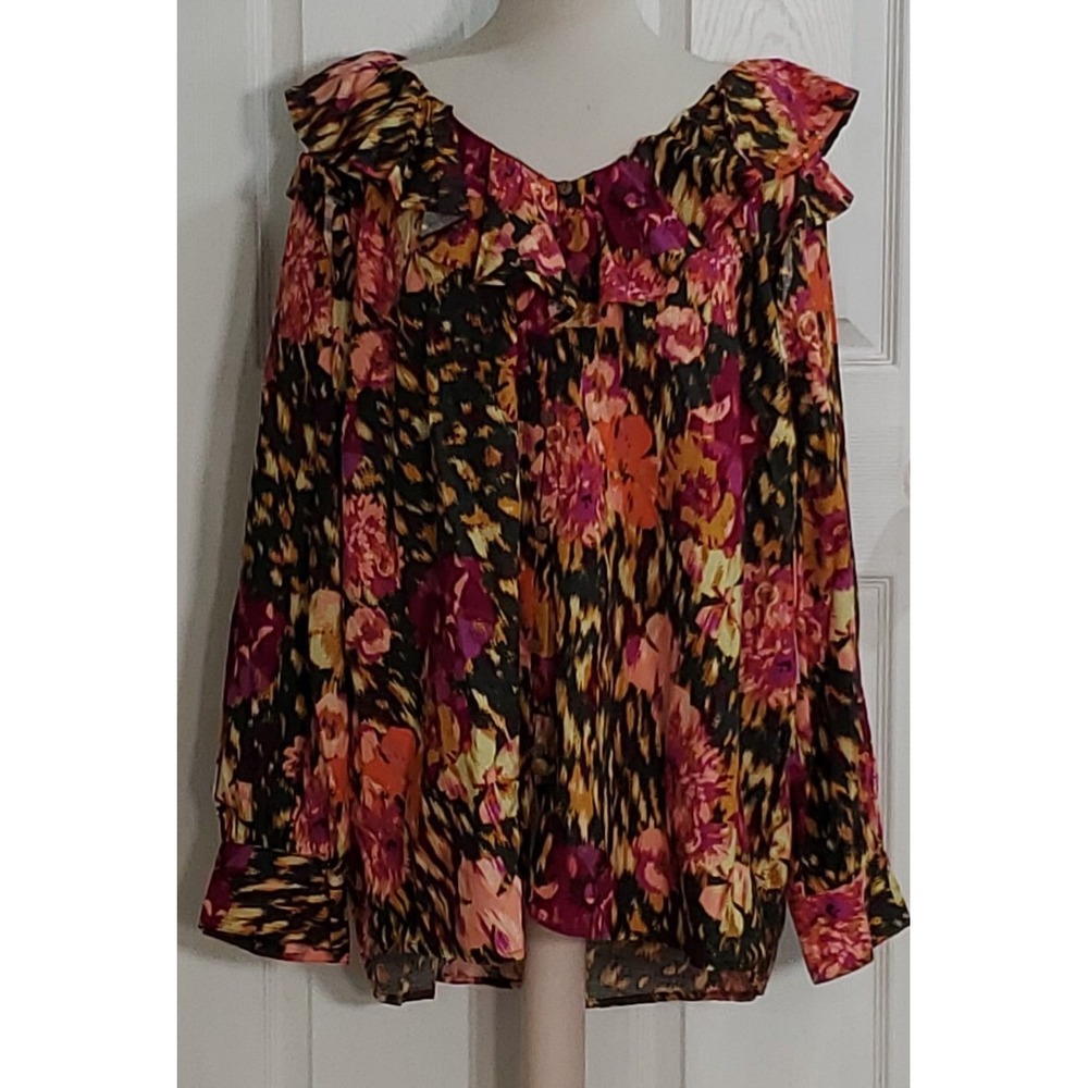 Terra & Sky Top Women's 3X Floral Ruffle Shirt Blouse Purple Green Gold NEW